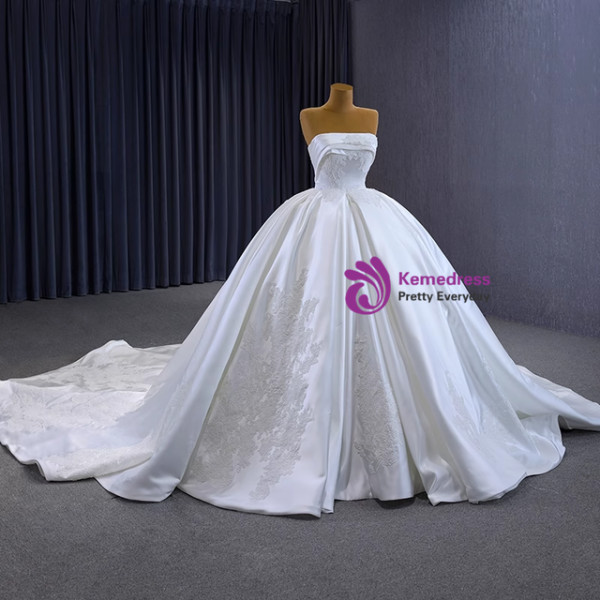 White Satin Strapless Lace Appliques Wedding Dress With Train