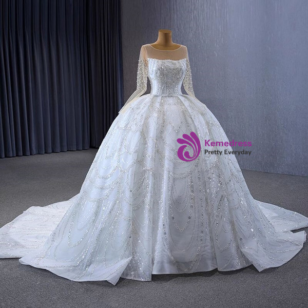 White Tulle Sequins Beading Pearls Wedding Dress