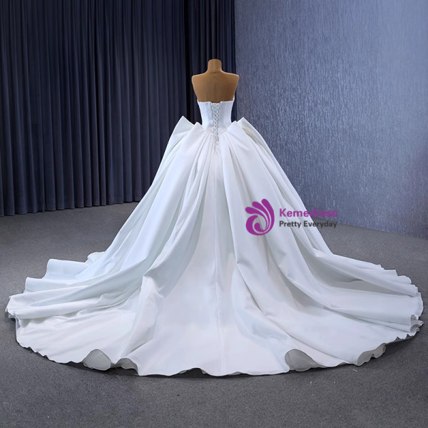 White Satin Strapless Lace Appliques Wedding Dress