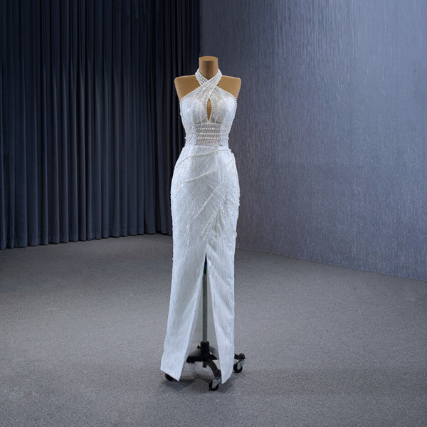 White Tulle Sequins Pearls Wedding Dress