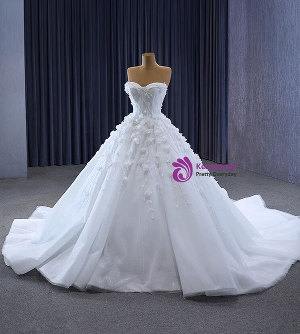 White Tulle Sweetheart 3D Flower Beading Wedding Dress