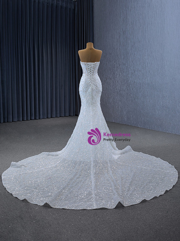 White Mermaid Sequins Strapless Wedding Dress