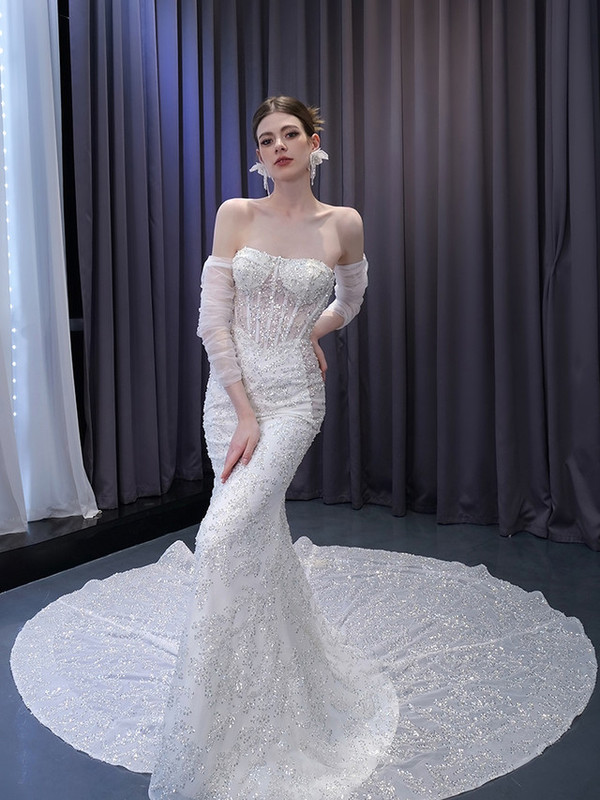 White Mermaid Sequins Strapless Wedding Dress