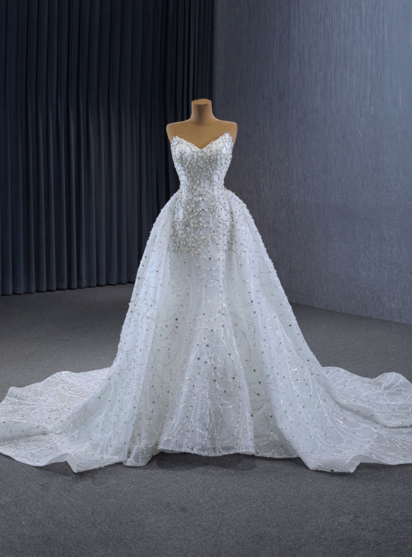 White Mermaid Tulle Strapless Pearls Wedding Dress