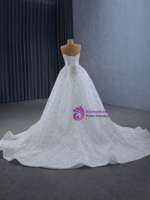 White Mermaid Tulle Strapless Pearls Wedding Dress