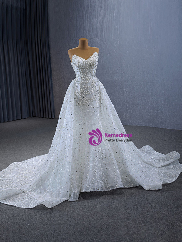 White Mermaid Tulle Strapless Pearls Wedding Dress