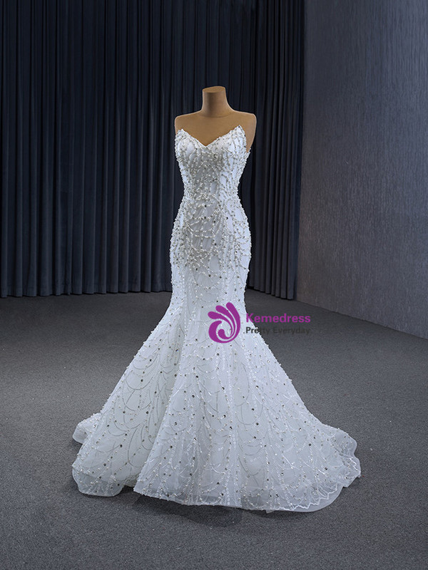 White Mermaid Tulle Strapless Pearls Wedding Dress