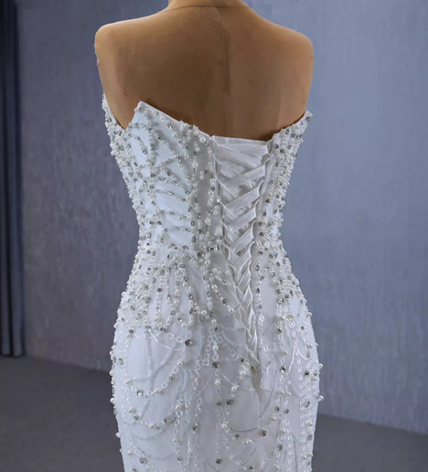 White Mermaid Tulle Strapless Pearls Wedding Dress