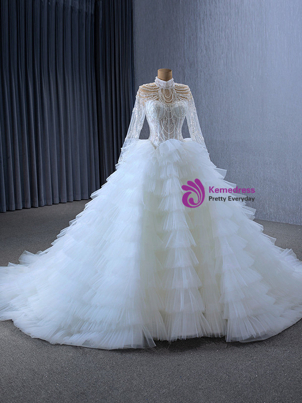 White Tulle Tiers Long Sleeve Beading Pearls Wedding Dress