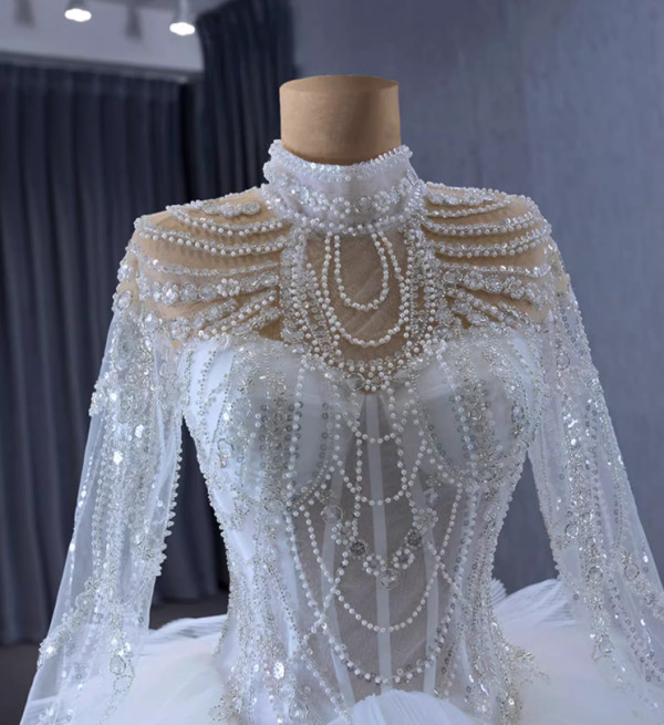 White Tulle Tiers Long Sleeve Beading Pearls Wedding Dress