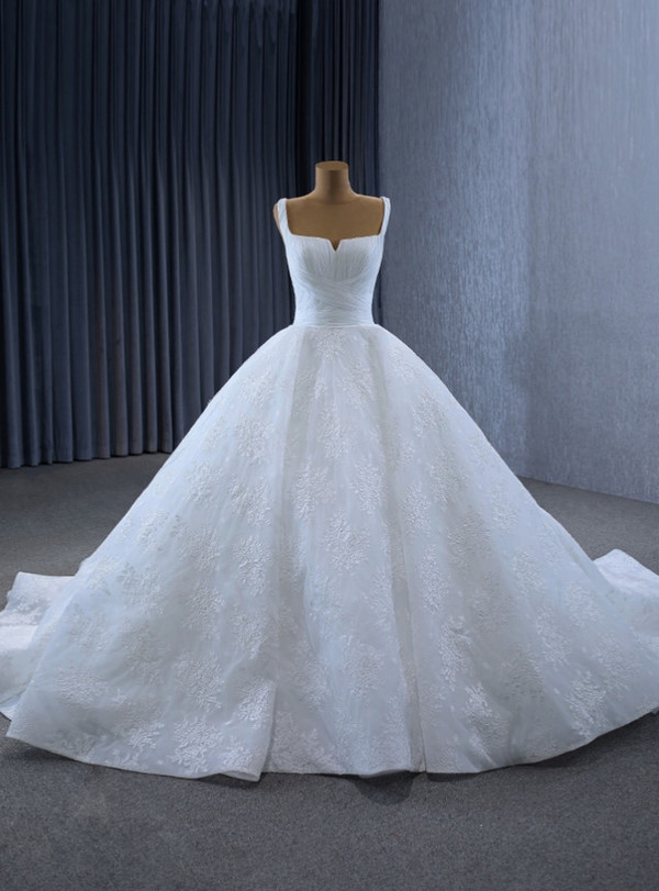 White Straps Pleats Appliques Wedding Dress