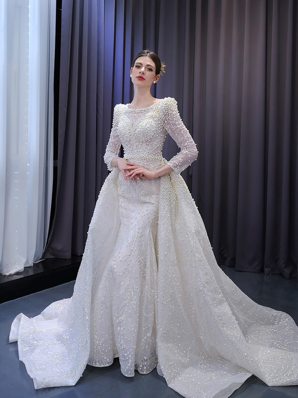 Sexy White Mermaid Long Sleeve Pearls Wedding Dress