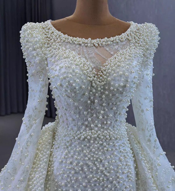 Sexy White Mermaid Long Sleeve Pearls Wedding Dress