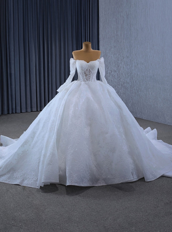 White Lace Long Sleeve Off the Shoulder Wedding Dress