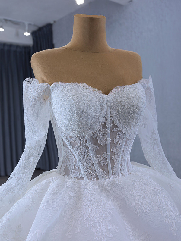 White Lace Long Sleeve Off the Shoulder Wedding Dress