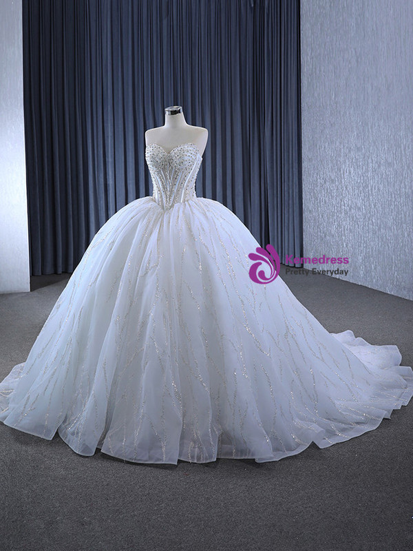 White Ball Gown Tulle Sweetheart Pearls Beading Wedding Dress