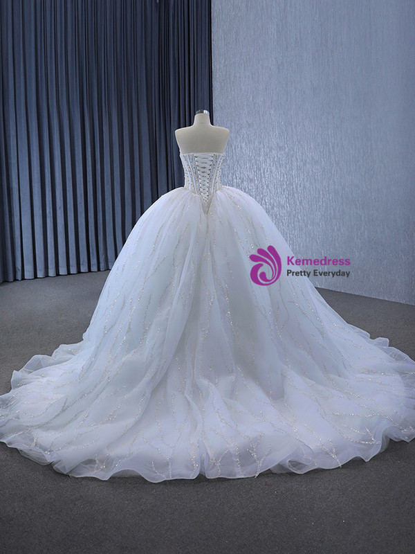 White Ball Gown Tulle Sweetheart Pearls Beading Wedding Dress