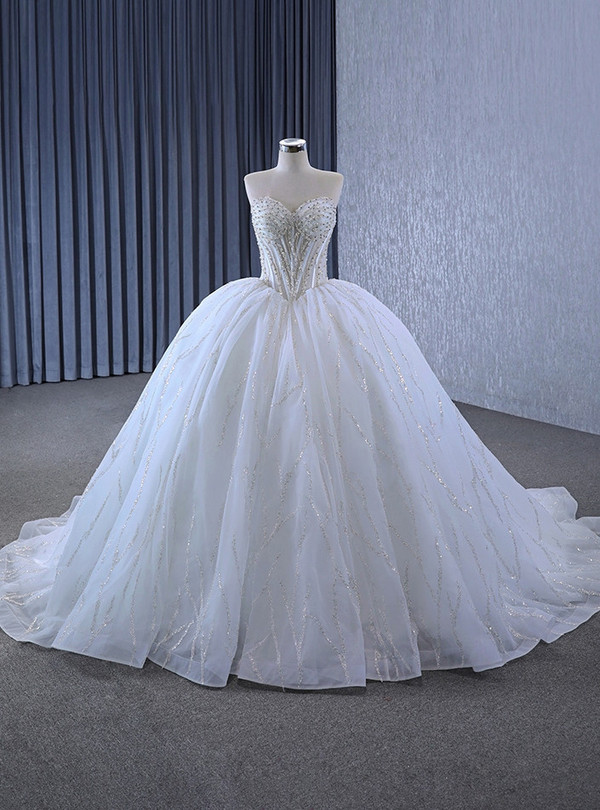 White Ball Gown Tulle Sweetheart Pearls Beading Wedding Dress