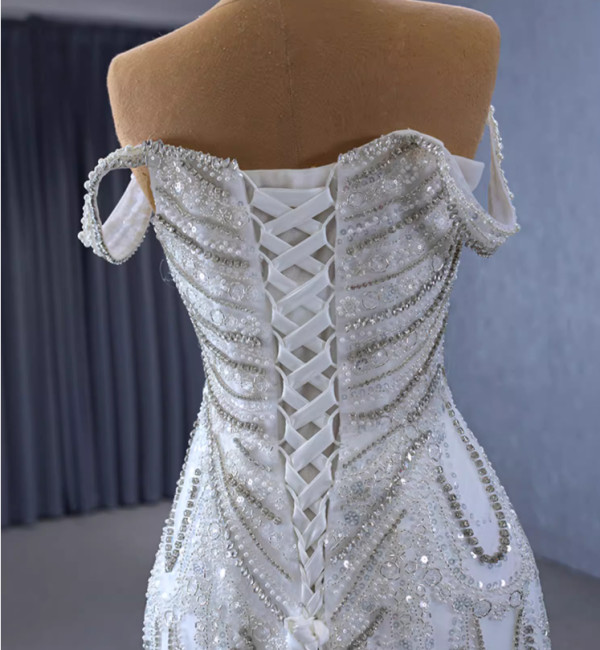 White Mermaid Sequins Pearls Beading Wedding Dress
