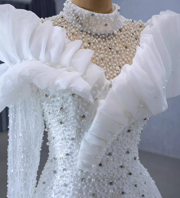 White Mermaid High Neck Long Sleeve Pearls Wedding Dress