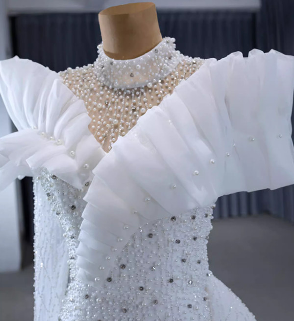 White Mermaid High Neck Long Sleeve Pearls Wedding Dress