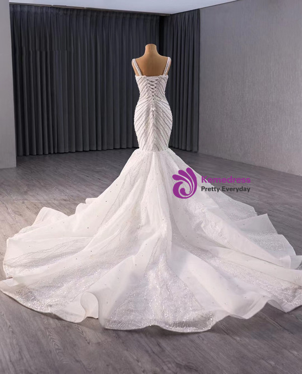 White Mermaid Straps Beading Sequins Wedding Dress