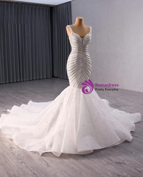 White Mermaid Straps Beading Sequins Wedding Dress
