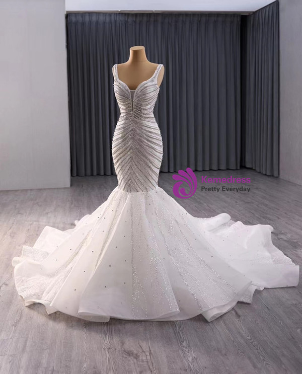 White Mermaid Straps Beading Sequins Wedding Dress