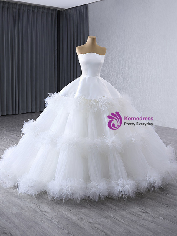 White Tulle Strapless Tiers Feather Wedding Dress