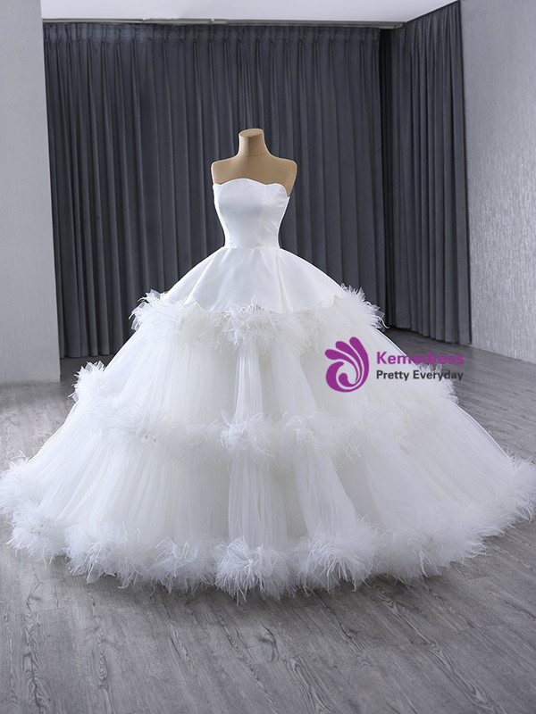 White Tulle Strapless Tiers Feather Wedding Dress