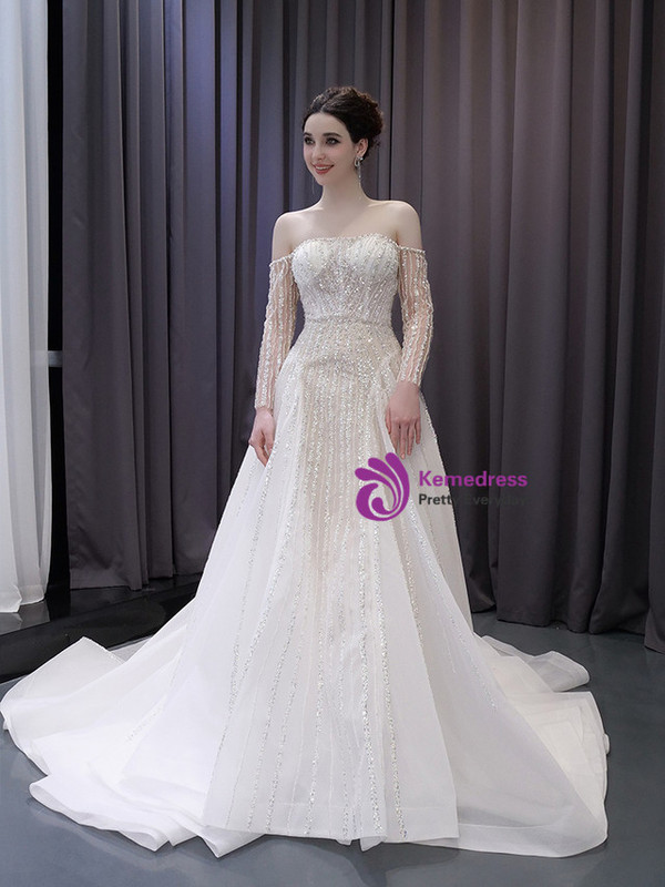 White Tulle Sequins Long Sleeve Wedding Dress