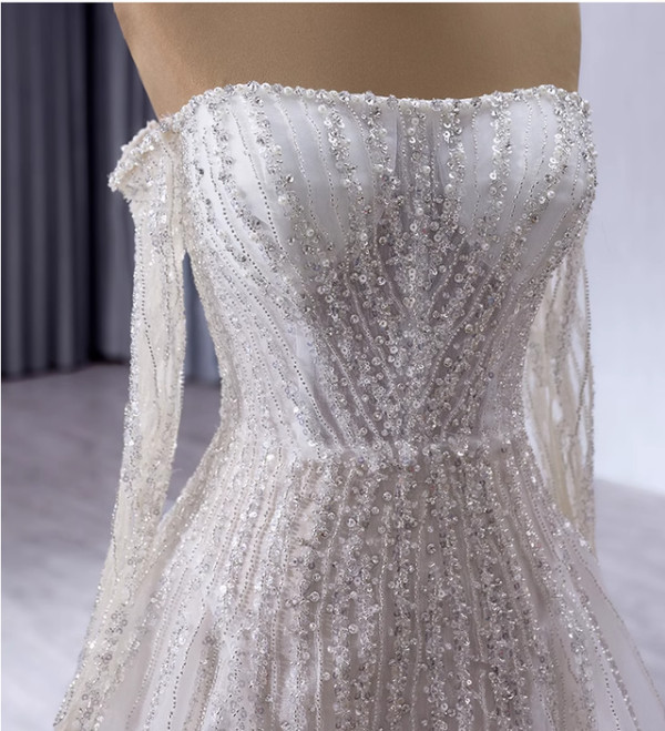 White Tulle Sequins Long Sleeve Wedding Dress