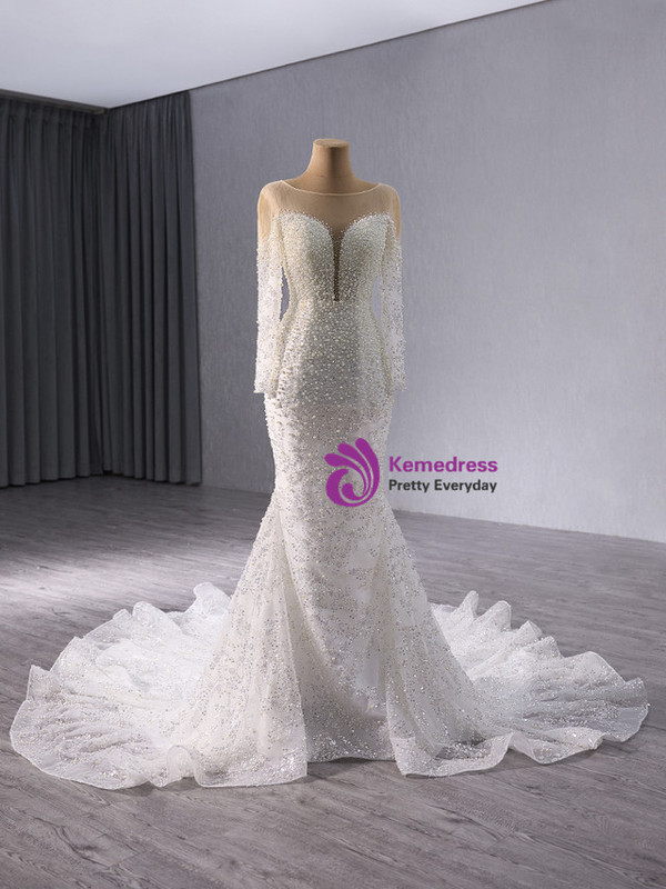 White Mermaid Sequins Long Sleeve Pearls Wedding Dress