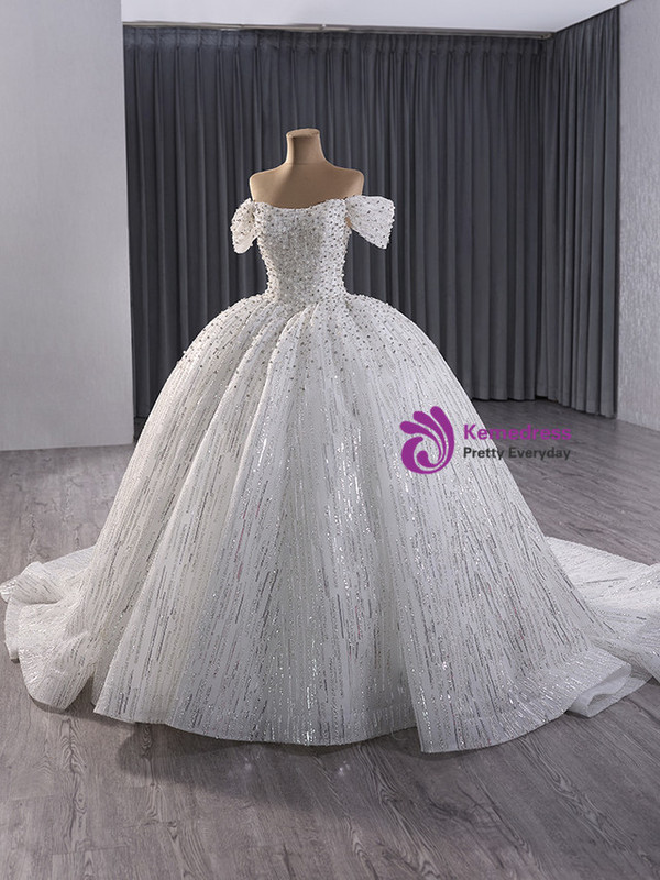 White Tulle Sequins Strapless Beading Wedding Dress