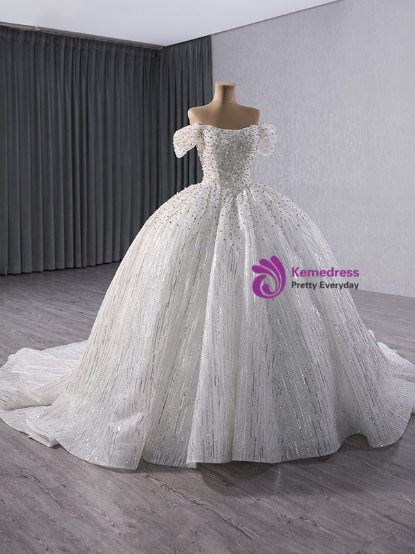 White Tulle Sequins Strapless Beading Wedding Dress