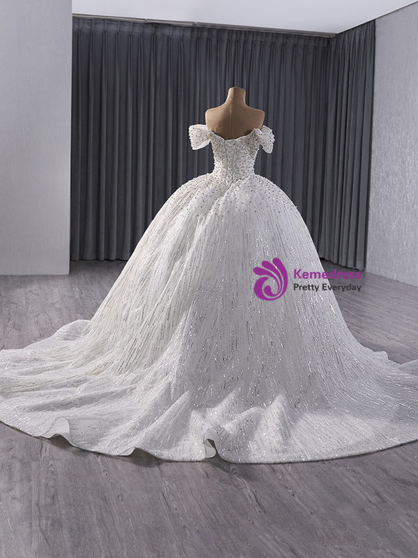 White Tulle Sequins Strapless Beading Wedding Dress