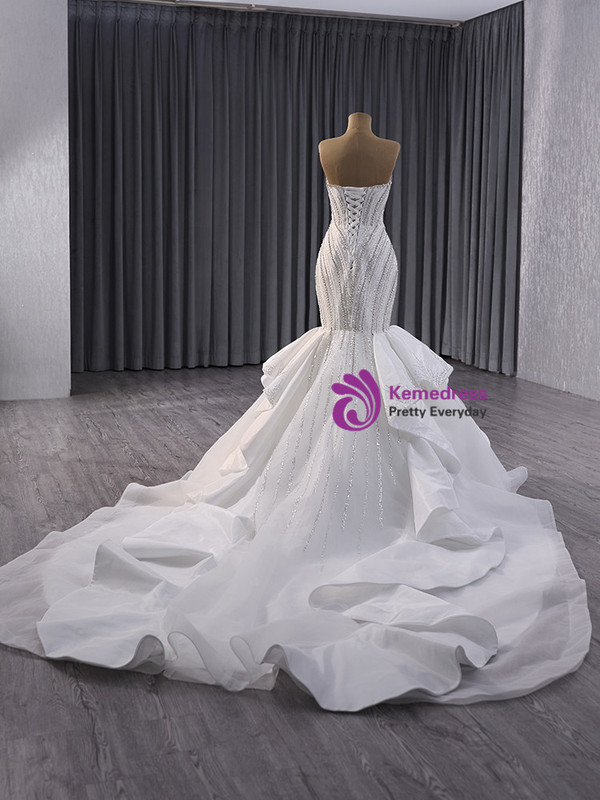 White Mermaid Sequins Beading Strapless Wedding Dress