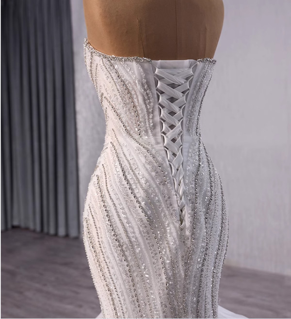 White Mermaid Sequins Beading Strapless Wedding Dress