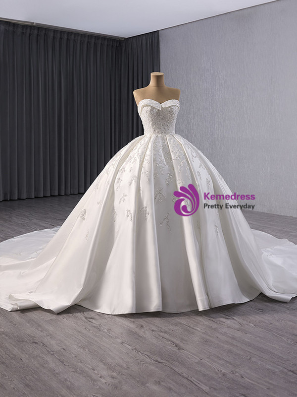 White Ball Gown Satin Strapless Sequins Beading Wedding Dress