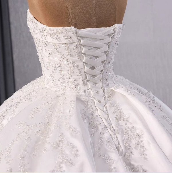 White Ball Gown Satin Strapless Sequins Beading Wedding Dress