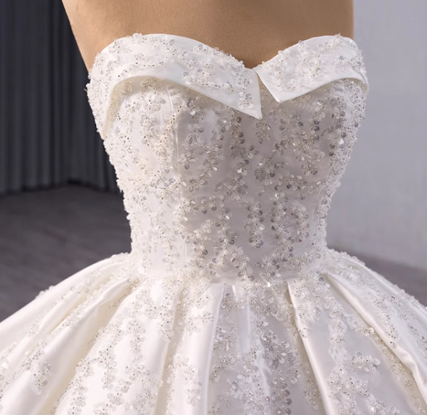 White Ball Gown Satin Strapless Sequins Beading Wedding Dress