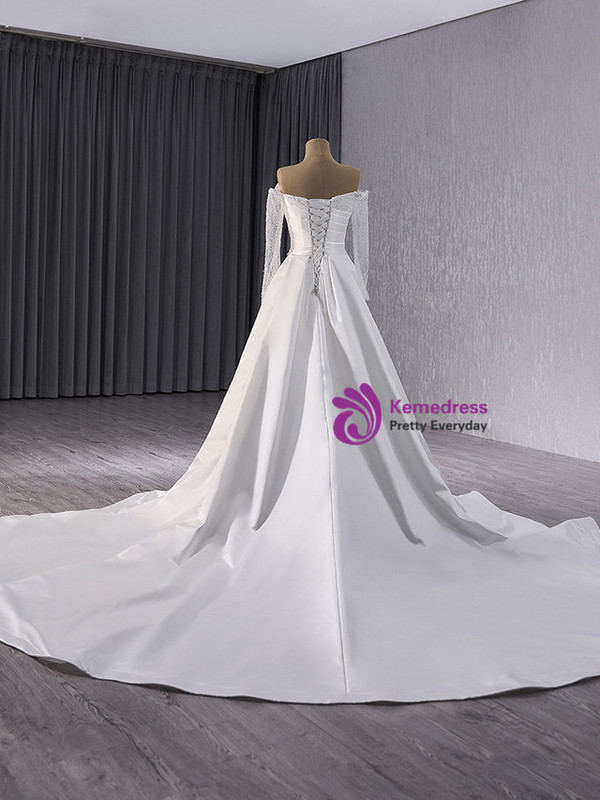 White Mermaid Satin Sequins Pleats Long Sleeve Wedding Dress