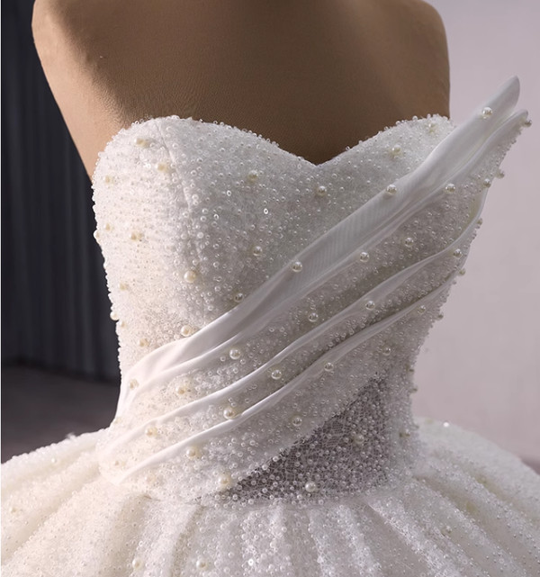 White Sequins Strapless Pearls Wedding Dress