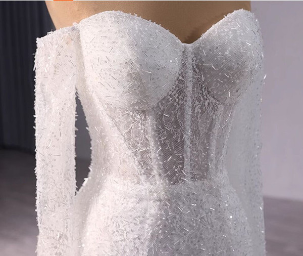 White Mermaid Sequins Long Sleeve Beading Wedding Dress
