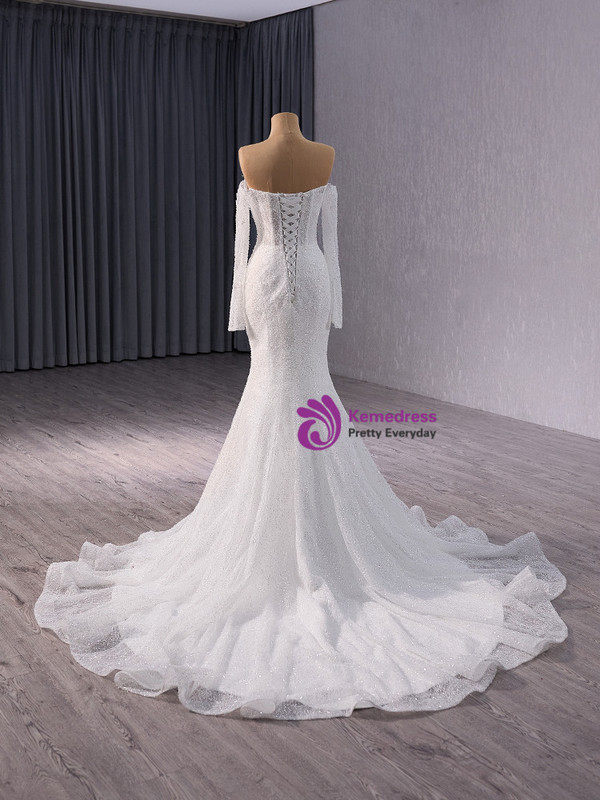 White Mermaid Sequins Long Sleeve Beading Wedding Dress