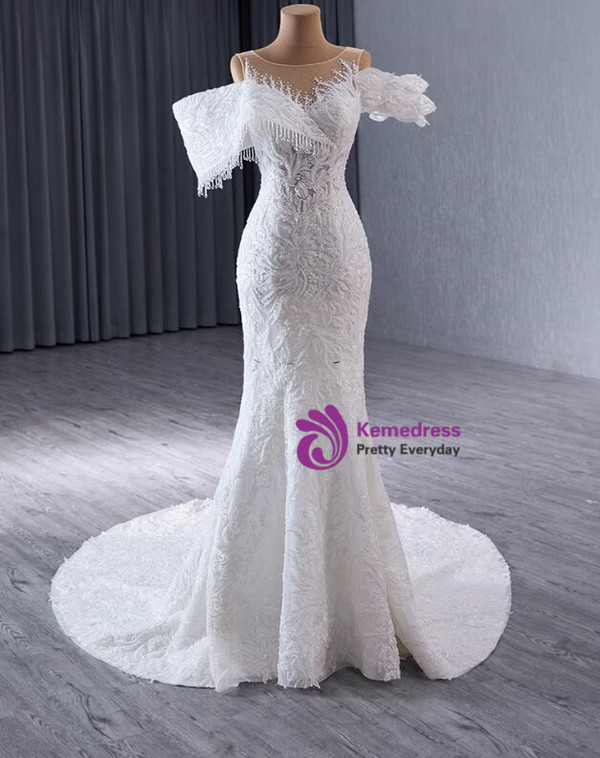 White Mermaid Heavy Beading Lace Wedding Dress