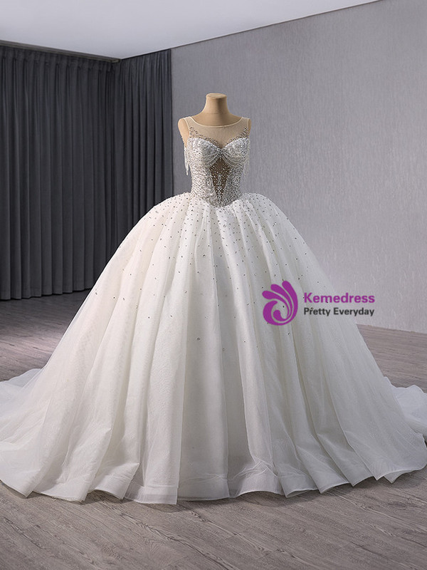 White Ball Gown Tulle Beading Wedding Dress