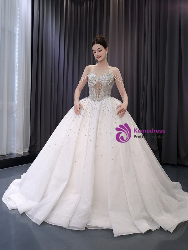 White Ball Gown Tulle Beading Wedding Dress
