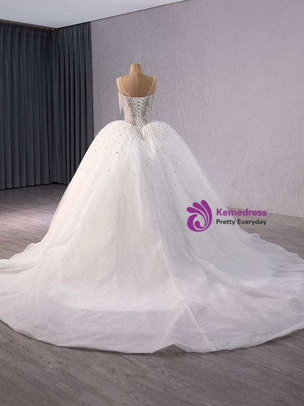 White Ball Gown Tulle Beading Wedding Dress