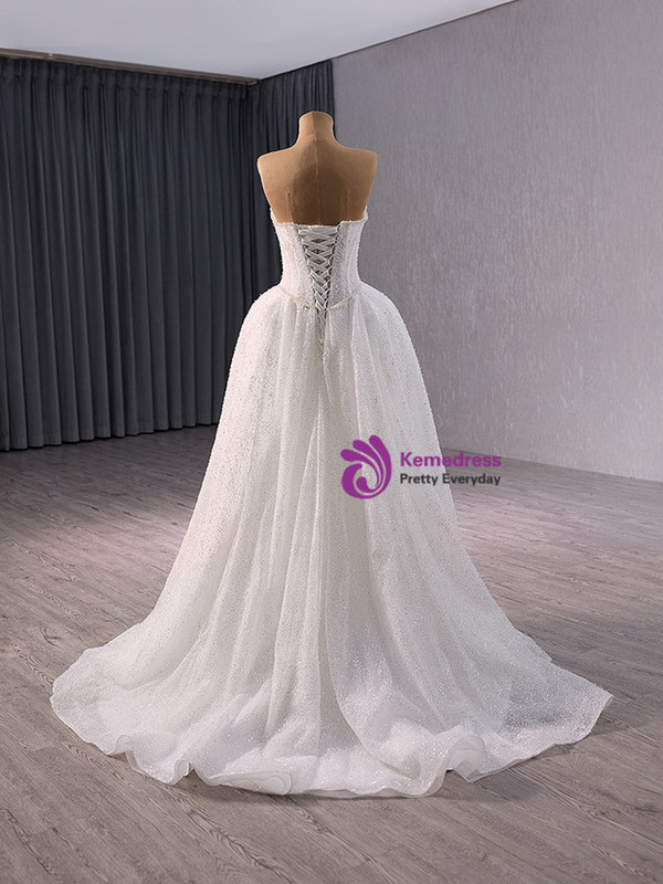 White Tulle Sequins Strapless Wedding Dress